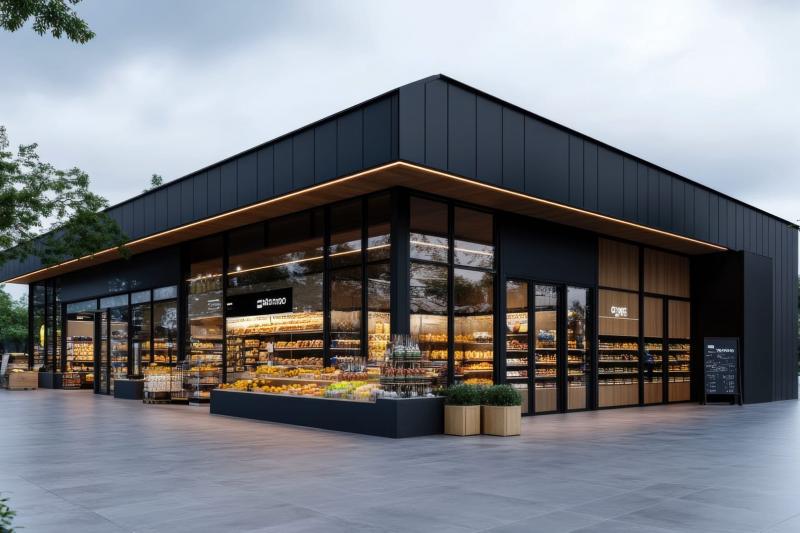 Außenansicht eines modernen Supermarktes - die gesamte Fassade in schwarz gehalten mit großen Fensterfronten